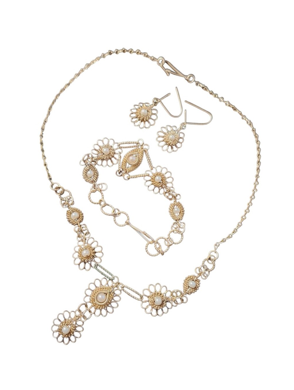 Vintage Earrings Necklace & Bracelet Filigree Style Jewelry Set 70's Style